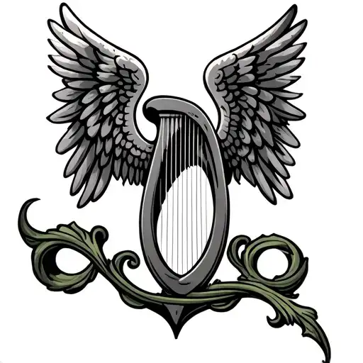 Irish harp with angel wings tattoo design idea
