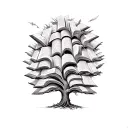 Hand-drawn tree with a complex canopy made of open books, and random inscriptions flying out from those books tattoo design idea