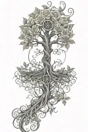 tree of life with lots of roots and leaves, surrounded by roses, with a Christian cross intertwined in the trunk tattoo design idea