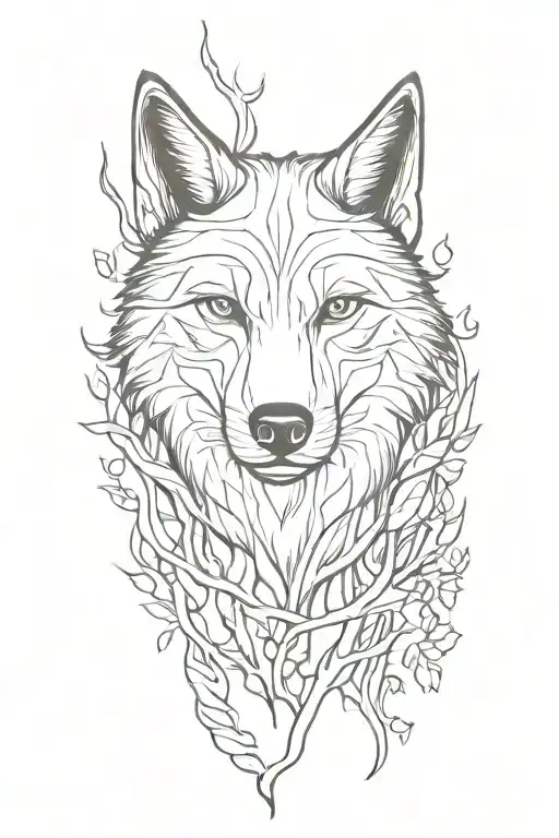 wolf face half, druid staff, forest elf tattoo design idea