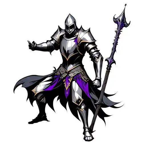 dark horror fantasy medieval knight in [bronze armor with violet accents] in dark horror fantasy medieval village, dark  tattoo design idea