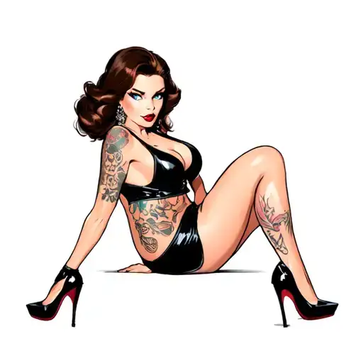 modern pin up girl, black top and black shorts. wearing high heels. dark brown hair and blue eyes tattoo design idea