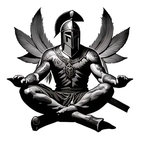 Roman warrior with his Spartan helmet, in uniform, sitting in the lotus position, with tattoos tattoo design idea