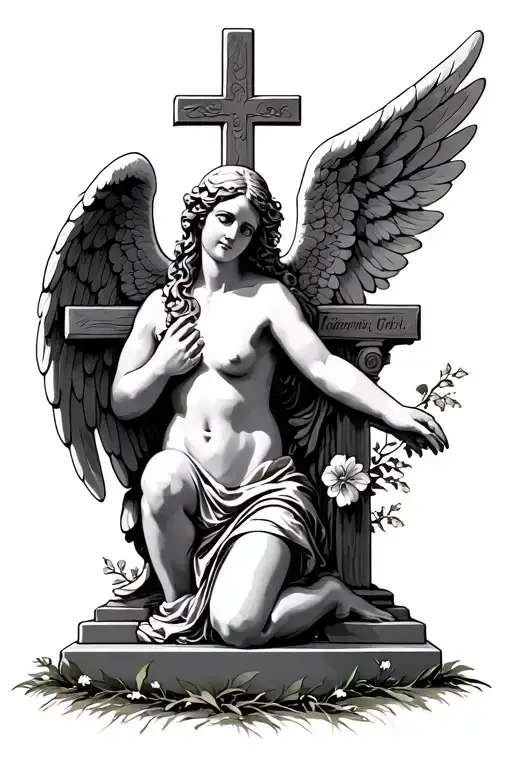 angel kneeling at a cross headstone tattoo design idea