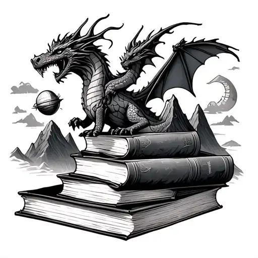 books, with dragons, mountains, and a snitch harry potter tattoo design idea