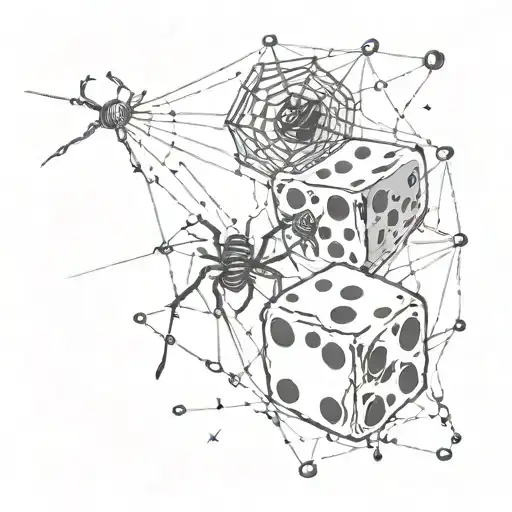 Two dice, one of which has a spider descending along a small web tattoo design idea
