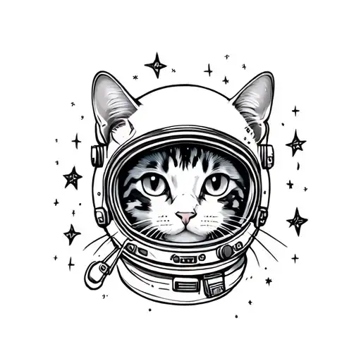 simple drawn, cyprus cat wearing astronaut helmet surrounded with stars and galaxy tattoo design idea