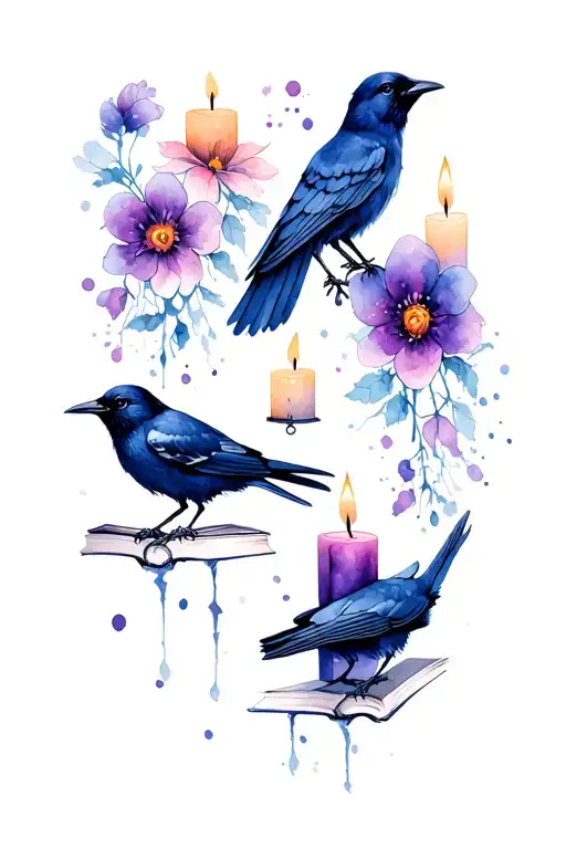 books witchy flowers crows candles tattoo design idea