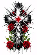 cross with thorns wrapped around and roses in the background but nonchalant and easy tattoo design idea