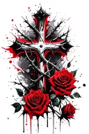 cross with thorns wrapped around and roses in the background but nonchalant and easy tattoo design idea