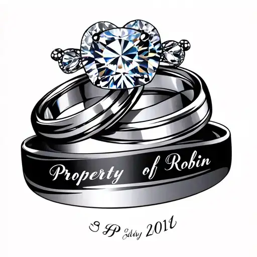 "Property of Robin" name with wedding rings and date tattoo design idea