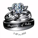 "Property of Robin" name with wedding rings and date tattoo design idea