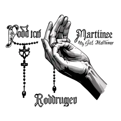 God's pray hands with rosary beads intertwined. With my last names Martinez on the top and Rodriguez on the bottom  tattoo design idea