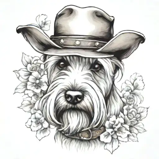 wheaten schnauzer with cowgirl hat and brown eyes and a collar with flowers looking to the side with western background tattoo design idea