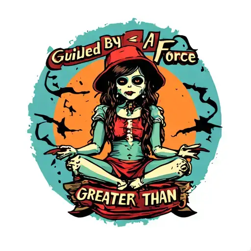 "guided by a force greater than" voodoo doll sitting tattoo design idea