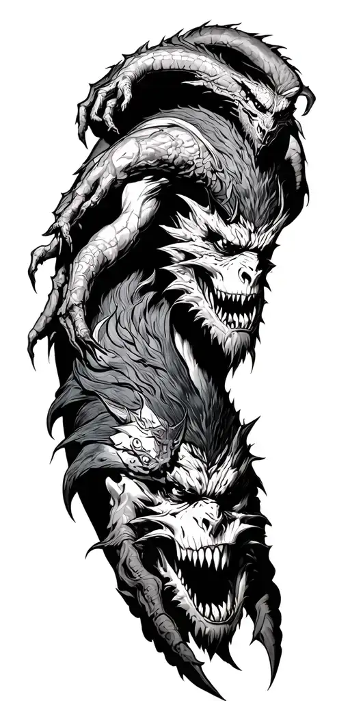 demons crawling up and have been injured or slaughtered by a warrior who is placed at the top of my arm as the winner tattoo design idea
