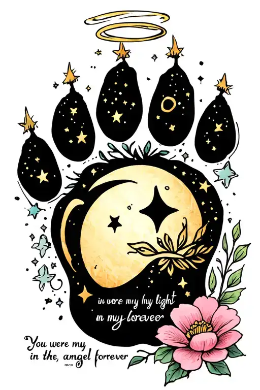 A paw with a small moon and stars and a halo. With a boho flower "You were my light in the dark, my angel forever tattoo design idea