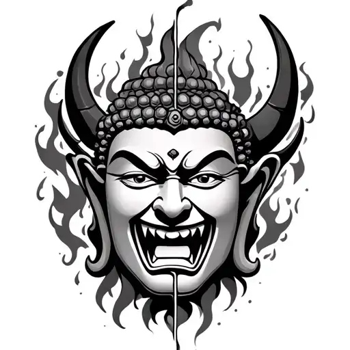 One half: a war mask / oni-style demon face roaring with fire (anger).Other half: a serene Buddha face or tranquil mas tattoo design idea