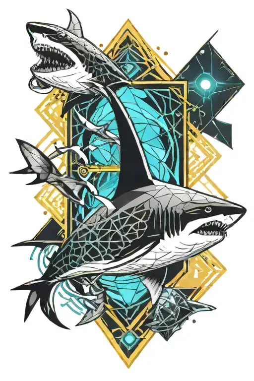diamond with shark coming out of it on top and ocean below tattoo design idea