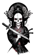 geisha holding a sword and half her face is skull tattoo design idea