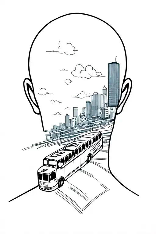 bald egal with layers of bus driving in the city with some clouds on a sunny day  tattoo design idea