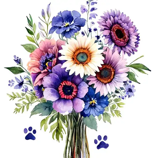 bouquet of flowers including carnations, violets, asters, chrysanthemums and sunflowers with dog prints  tattoo design idea