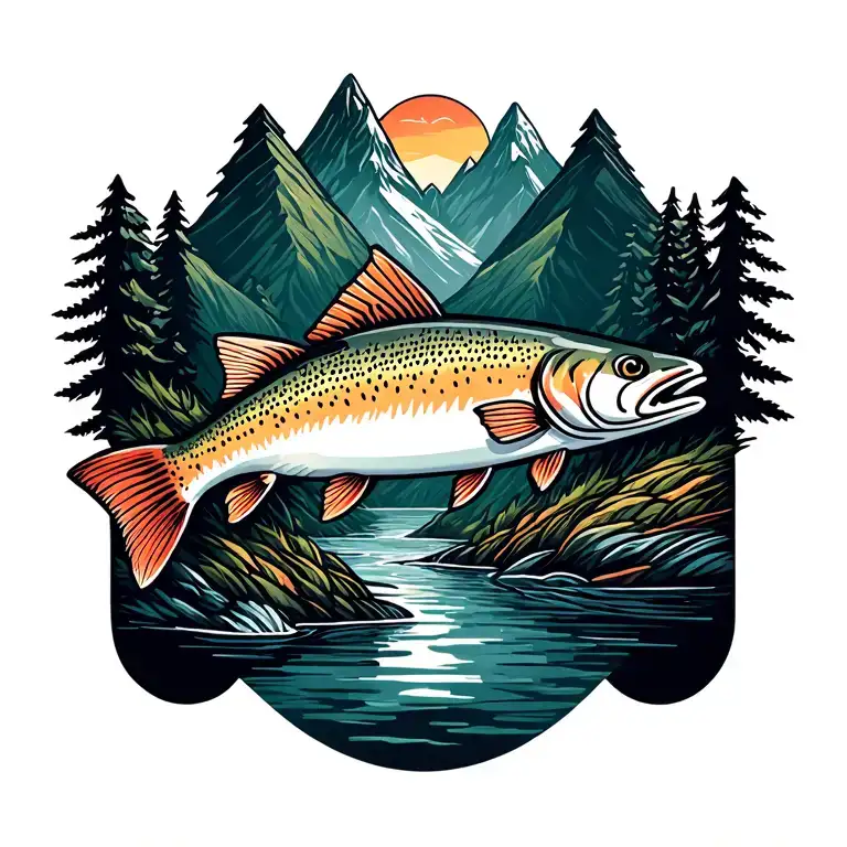 Nature mountain trout tattoo design idea