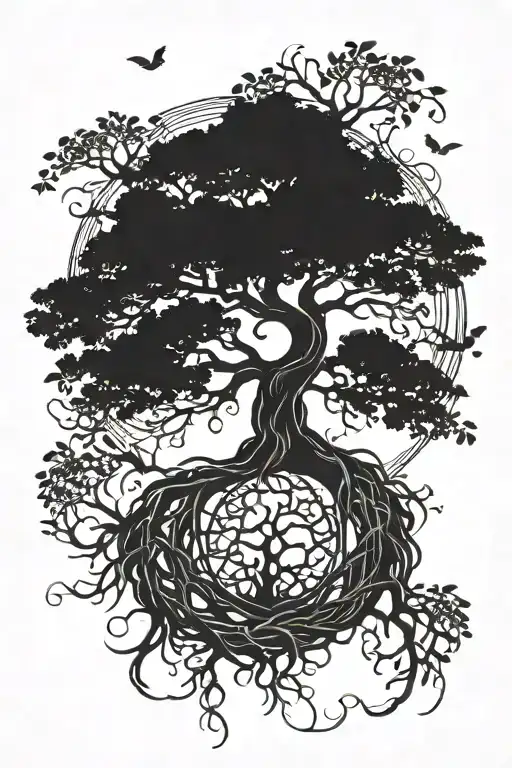 A tree of life tattoo with intricate roots and branches symbolizing a connection with nature and the journey of life. tattoo design idea