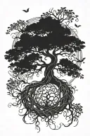 A tree of life tattoo with intricate roots and branches symbolizing a connection with nature and the journey of life. tattoo design idea