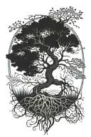 A tree of life tattoo with intricate roots and branches symbolizing a connection with nature and the journey of life. tattoo design idea