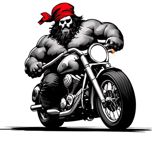 fat strong pirate with red bandana in head, in motorcycle riding tattoo design idea