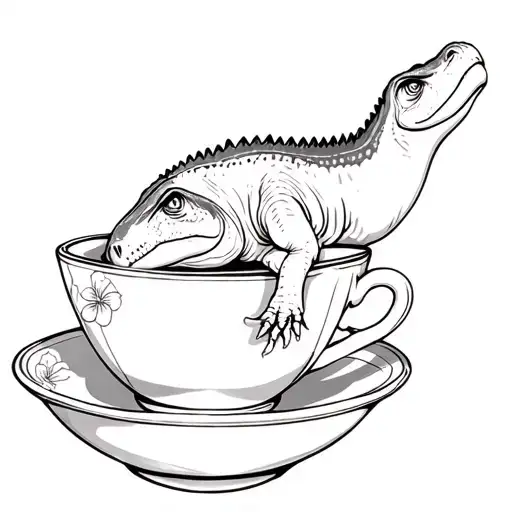 Fine line tattoo, Realistic T-rex asleep in a tea cup. Tea cup has a tiny hibiscus flower rimmed pattern. Background has tattoo design idea