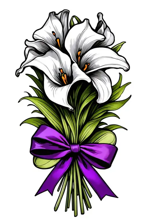 calla lily bouquet tied with purple ribbon tattoo design idea
