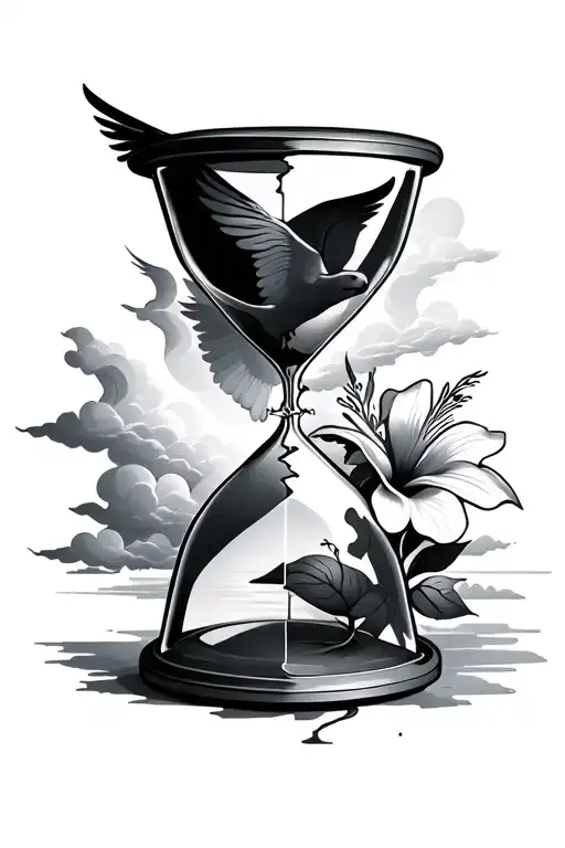 A slightly broken hourglass to represent the calm force with a steep dove, clouds, a hibiscus tattoo design idea