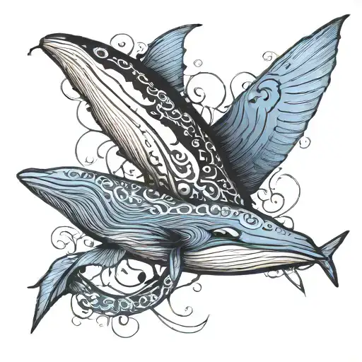 flying blue whale intertwined with a blindfolded crow tattoo design idea