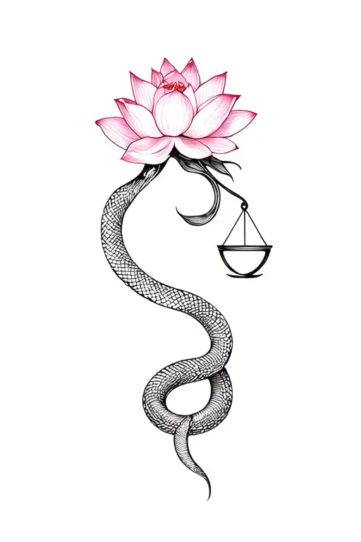 Libra, twine snake, and lotus flower blooming tattoo design idea