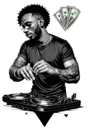 related to djing and the love of music,loyalty and money tattoo design idea