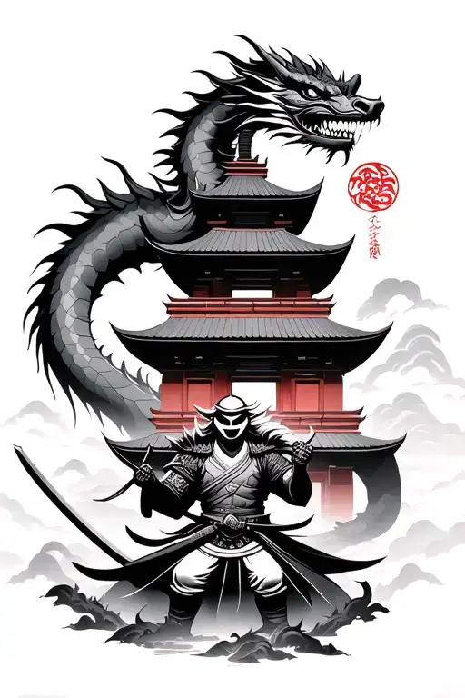 dragon at top guarding pagoda temple with masked samurai warrior at bottom wielding sword tattoo design idea