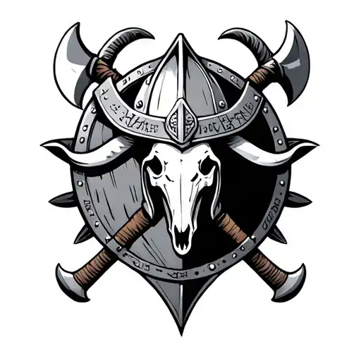 "Viking helmet with visor, crossed Viking axes, a round shield with ornamental decorations, a goat skull, runes, drinkin tattoo design idea