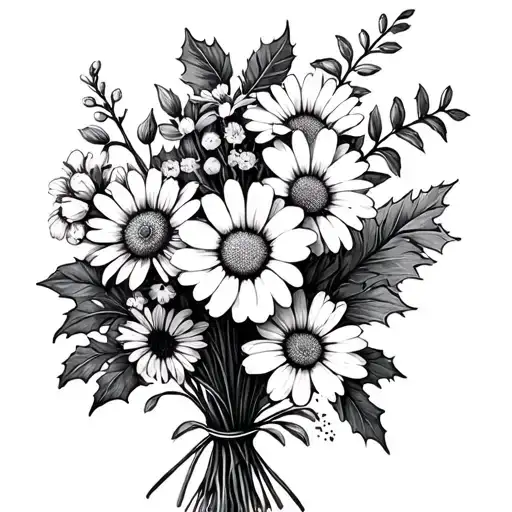 boquet of daisy, sweet pea, violet, primrose, holly, and narcisus tattoo design idea
