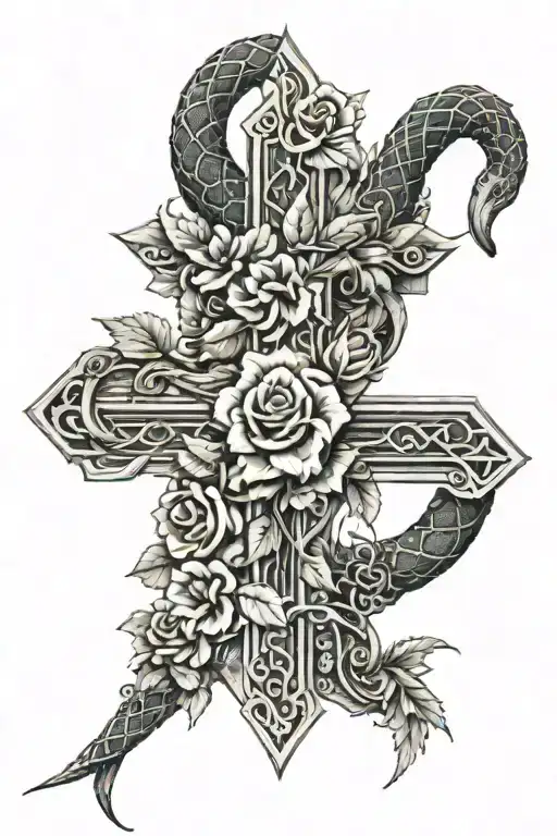 a 3D cross with a snake covered in rose thorns around it tattoo design idea