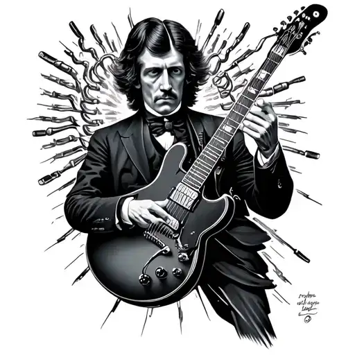 Nikola Tesla with his coils, His Electricty coils beam into Angus Young's electric guitar tattoo design idea