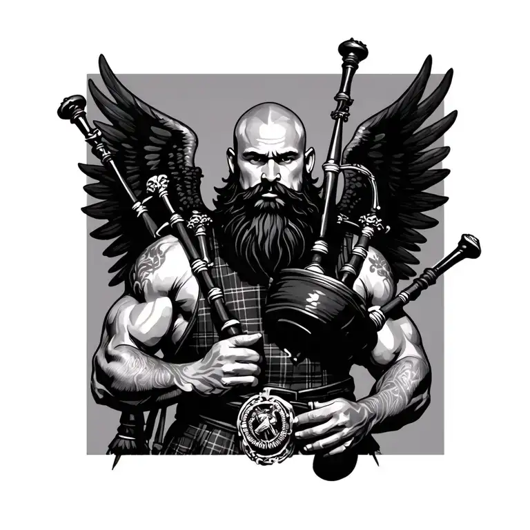 scottish bagpiper bald black beard muscular wearing glengarry pipes in arm big black wings tattoo design idea