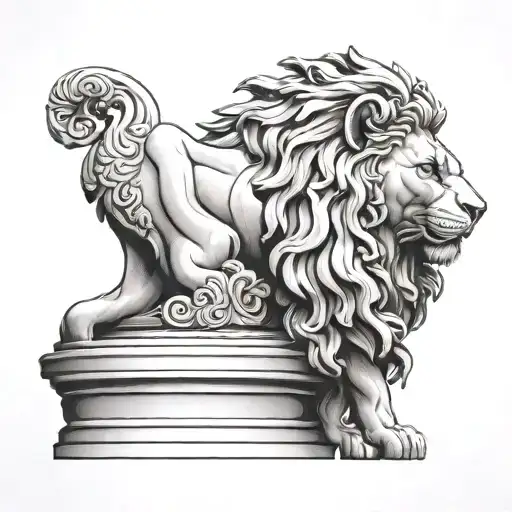 drawing lion statue in profile on a roman column tattoo design idea