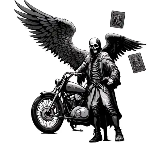 angel of death has two card in his hand hone of them is a guy with motorcycle and the other one is a grave tattoo design idea