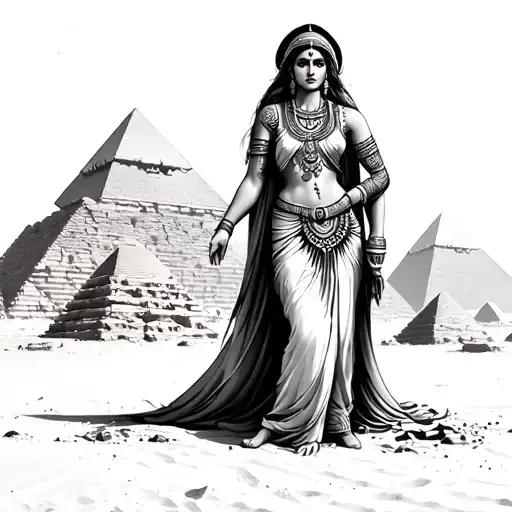 Tattoo black and white A stunning Arabian goddess stands confidently in front of the Pyramids of Giza, the golden sands  tattoo design idea