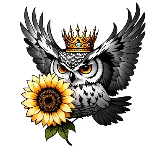 flying owl wearing a crown holding a sunflower blooming in its talons tattoo design idea