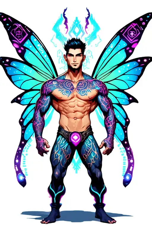 sexy adult gay male faery cartoon bodybuilder, playful, magical, nudism, erotica tattoo design idea