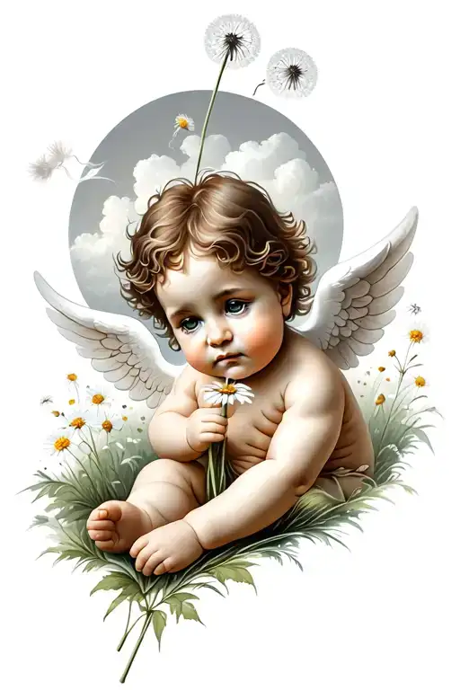 cute Cherub holding a dandelion flower and the wind is blowing the flower and the cherub is sitting in a field tattoo design idea
