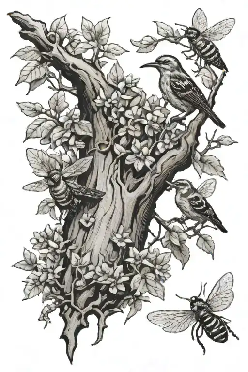 oak tree with honeybee, azaleas, and brown thrasher tattoo design idea